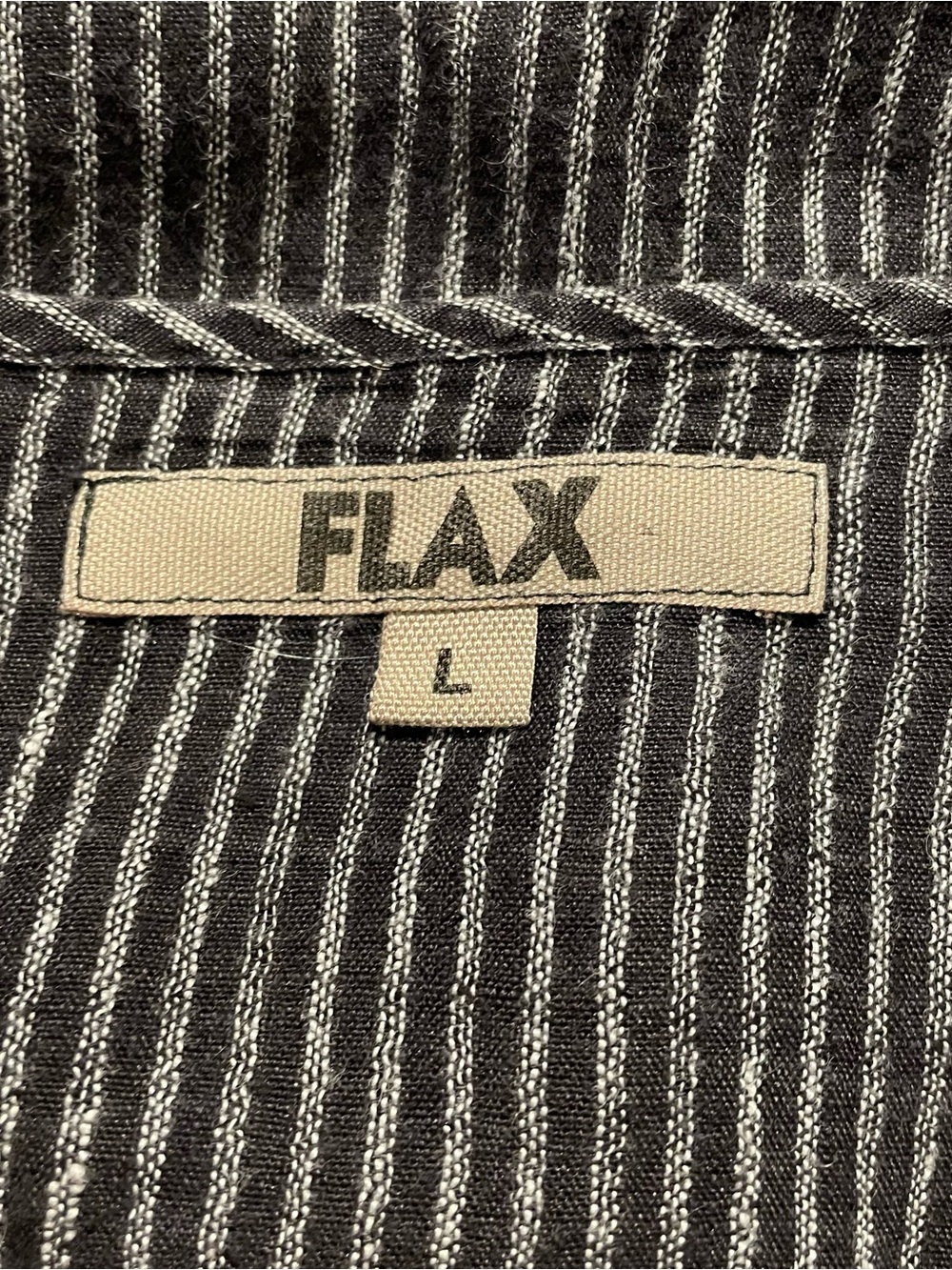 FLAX Linen Jacket Tunic Black Charcoal Pin Striped Button Front Size L Lagenlook - Picture 8 of 9